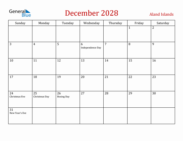 Aland Islands December 2028 Calendar - Sunday Start