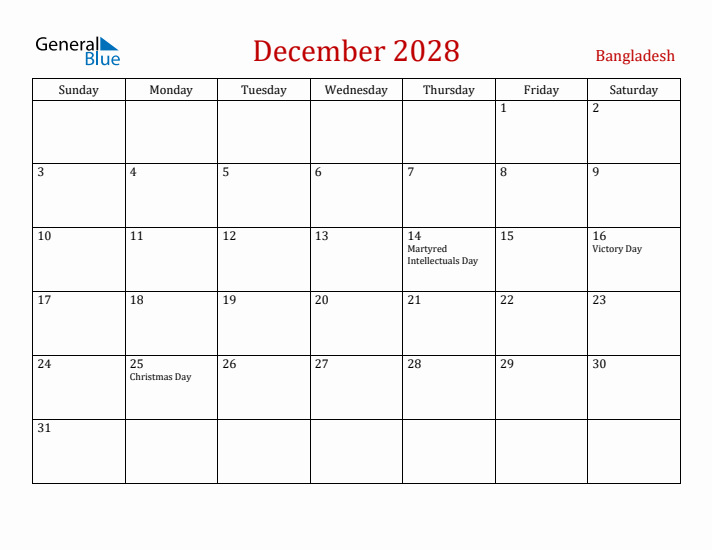 Bangladesh December 2028 Calendar - Sunday Start