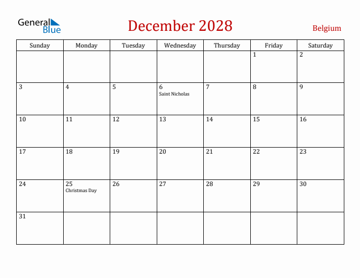 Belgium December 2028 Calendar - Sunday Start