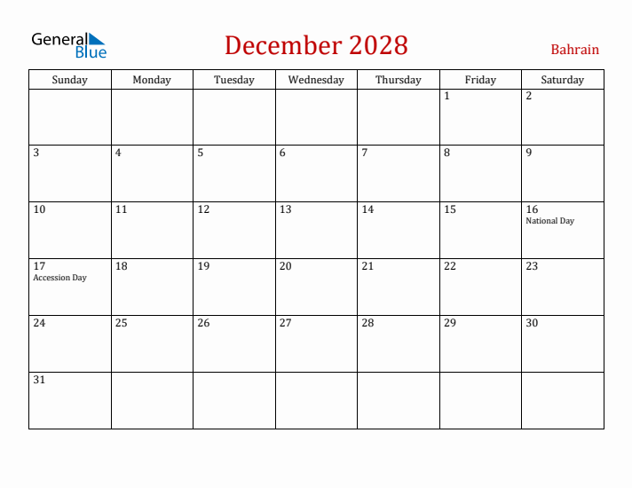 Bahrain December 2028 Calendar - Sunday Start
