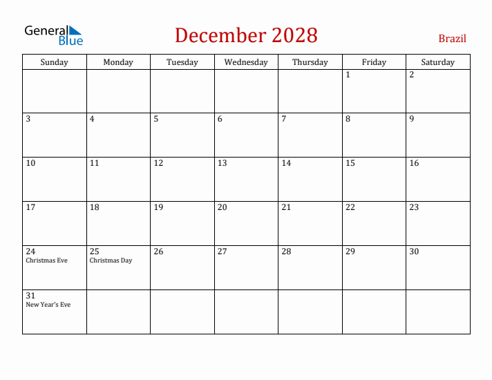 Brazil December 2028 Calendar - Sunday Start