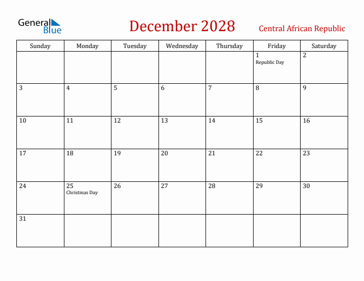 Central African Republic December 2028 Calendar - Sunday Start