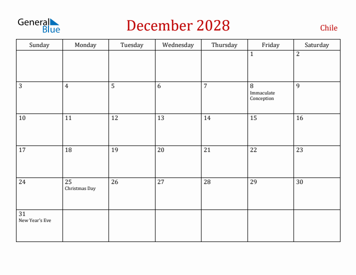 Chile December 2028 Calendar - Sunday Start