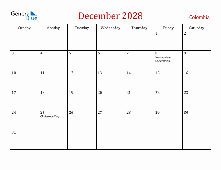 Colombia December 2028 Calendar - Sunday Start