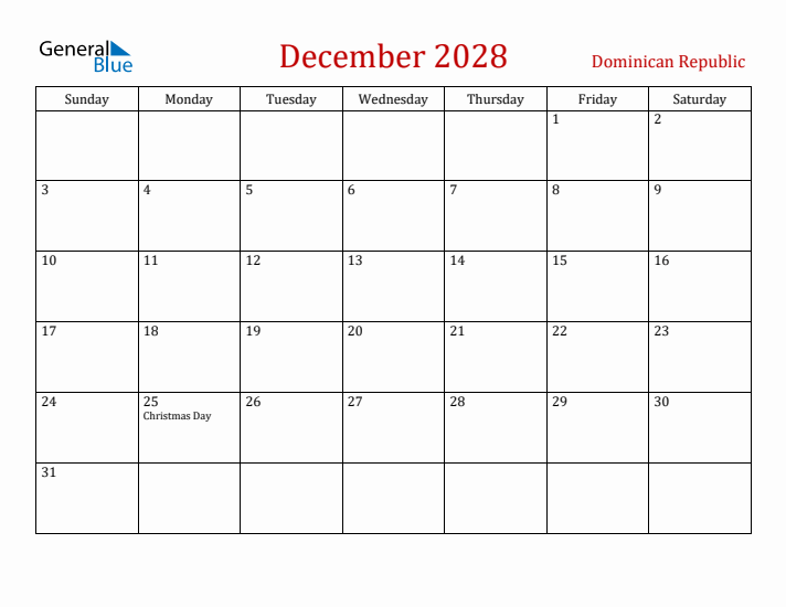 Dominican Republic December 2028 Calendar - Sunday Start