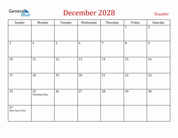 Ecuador December 2028 Calendar - Sunday Start
