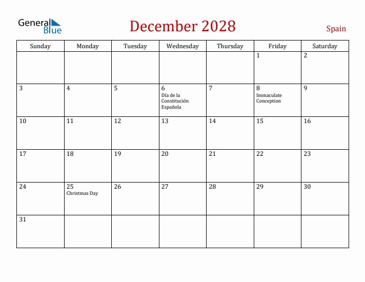 Spain December 2028 Calendar - Sunday Start