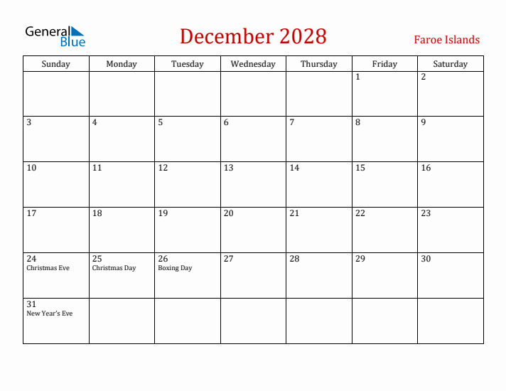 Faroe Islands December 2028 Calendar - Sunday Start