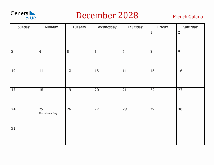 French Guiana December 2028 Calendar - Sunday Start