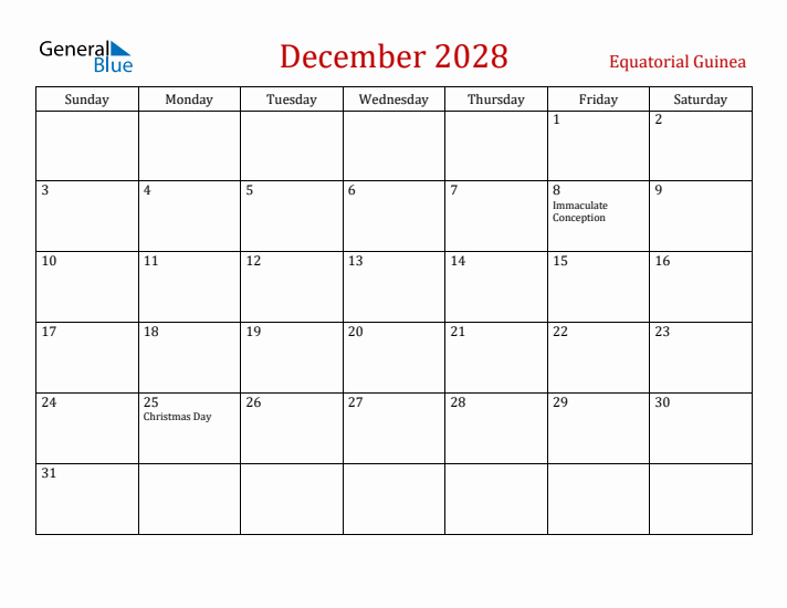 Equatorial Guinea December 2028 Calendar - Sunday Start