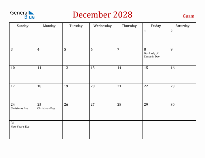 Guam December 2028 Calendar - Sunday Start