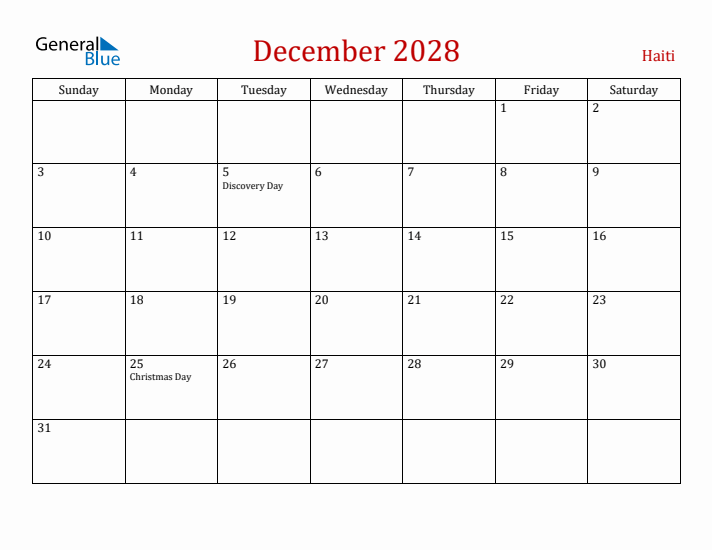 Haiti December 2028 Calendar - Sunday Start
