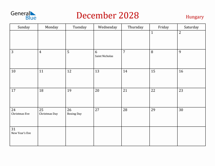 Hungary December 2028 Calendar - Sunday Start