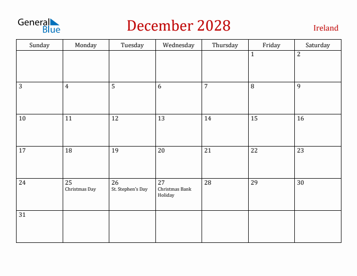 Ireland December 2028 Calendar - Sunday Start