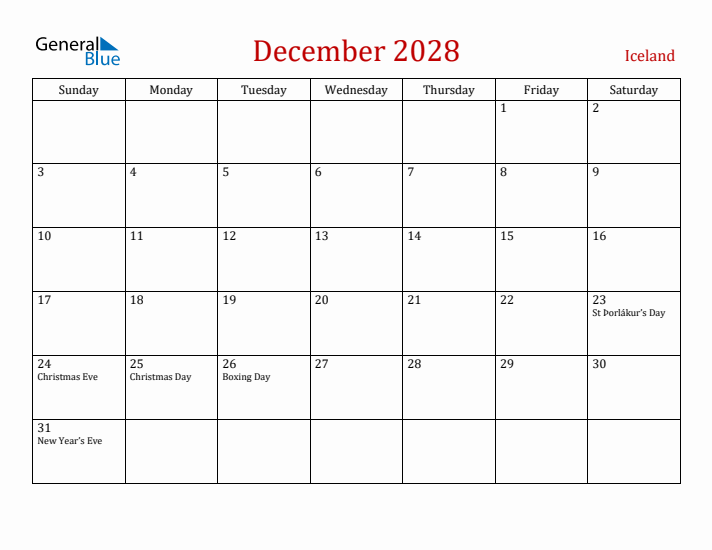 Iceland December 2028 Calendar - Sunday Start