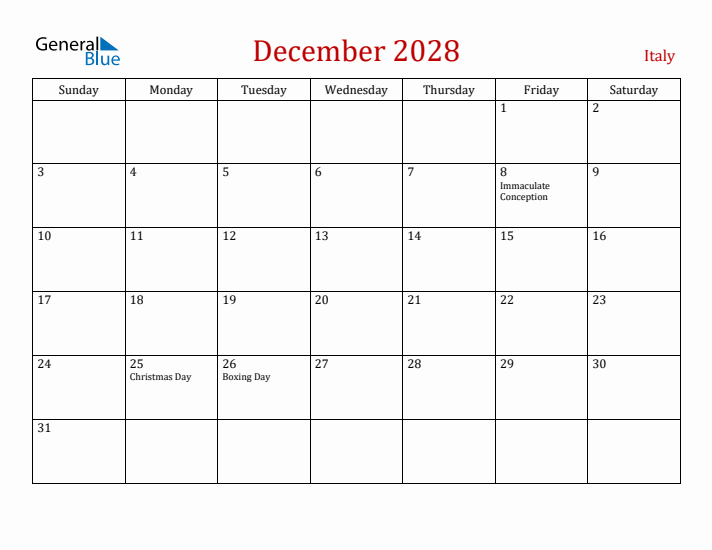 Italy December 2028 Calendar - Sunday Start