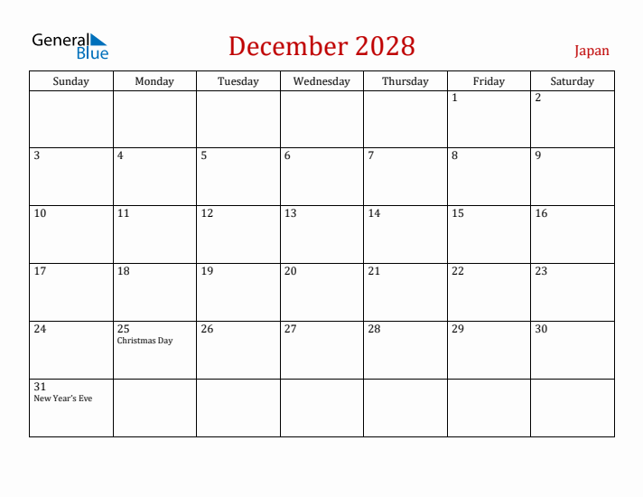 Japan December 2028 Calendar - Sunday Start