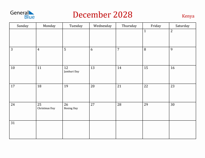 Kenya December 2028 Calendar - Sunday Start