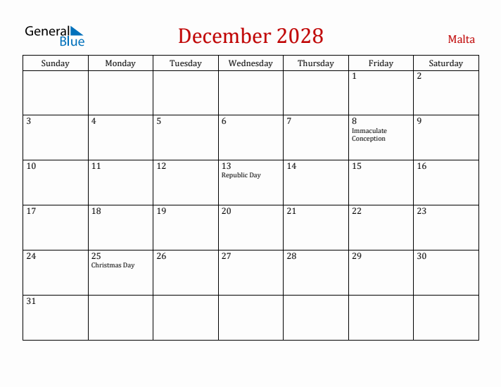 Malta December 2028 Calendar - Sunday Start
