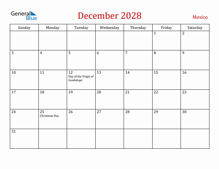 Mexico December 2028 Calendar - Sunday Start