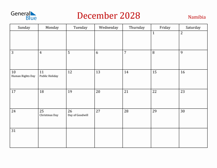 Namibia December 2028 Calendar - Sunday Start