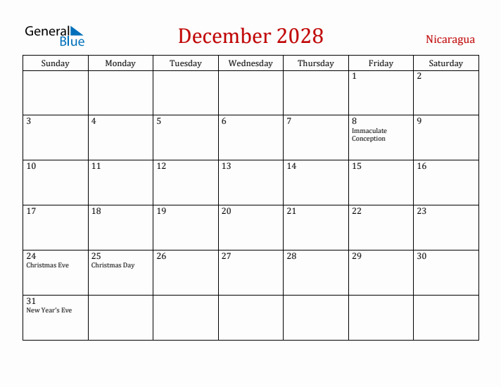 Nicaragua December 2028 Calendar - Sunday Start