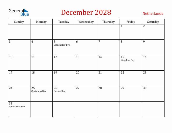 The Netherlands December 2028 Calendar - Sunday Start