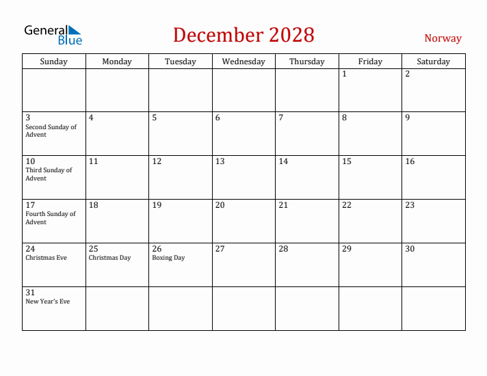 Norway December 2028 Calendar - Sunday Start