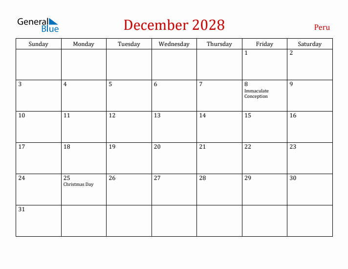 Peru December 2028 Calendar - Sunday Start