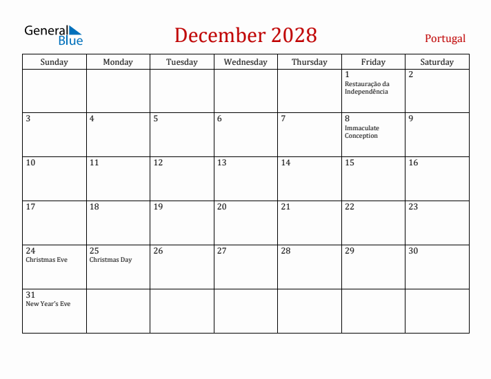 Portugal December 2028 Calendar - Sunday Start