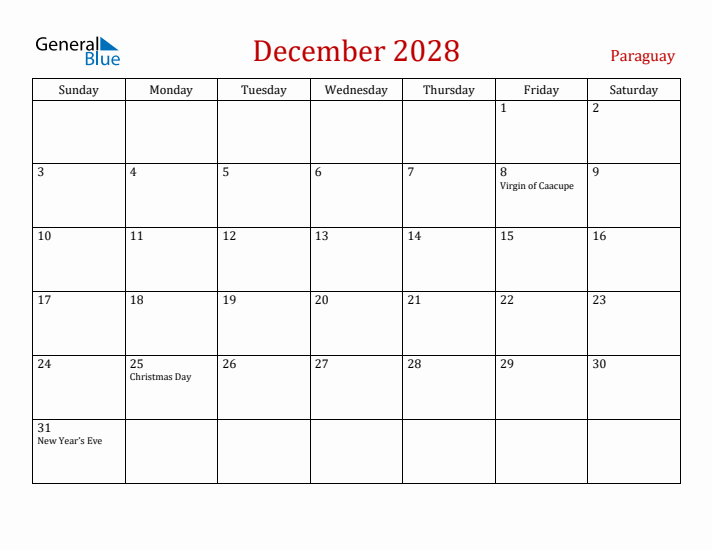 Paraguay December 2028 Calendar - Sunday Start