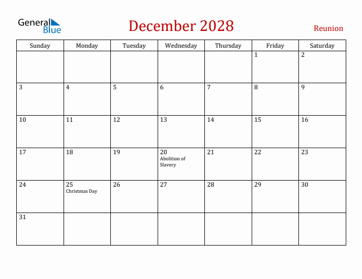 Reunion December 2028 Calendar - Sunday Start