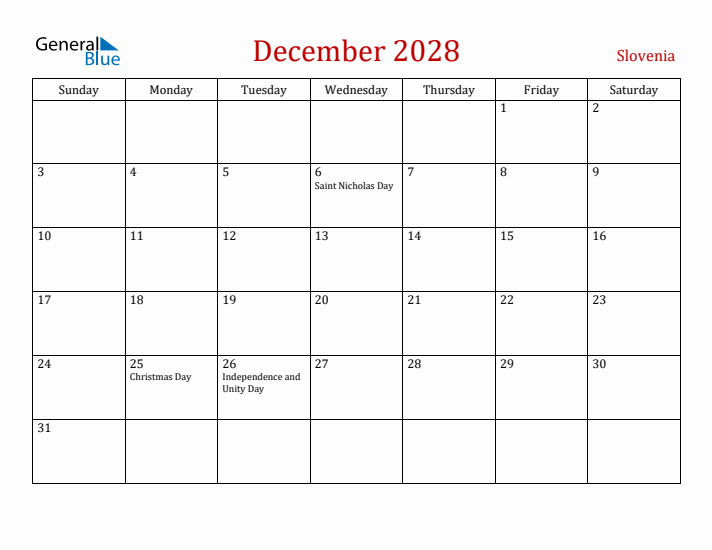 Slovenia December 2028 Calendar - Sunday Start