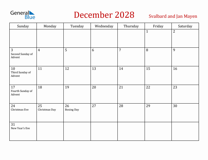 Svalbard and Jan Mayen December 2028 Calendar - Sunday Start