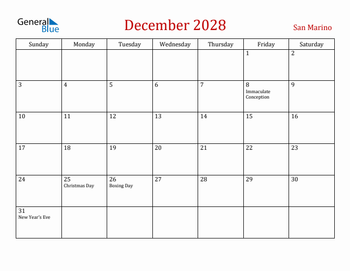 San Marino December 2028 Calendar - Sunday Start