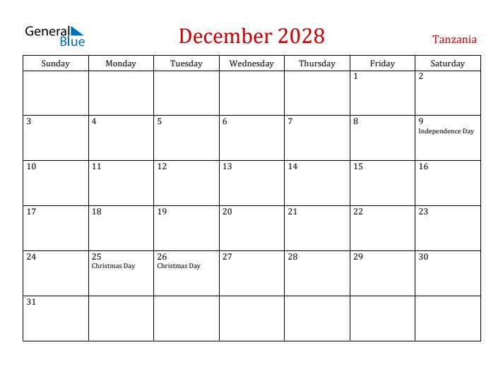 Tanzania December 2028 Calendar - Sunday Start