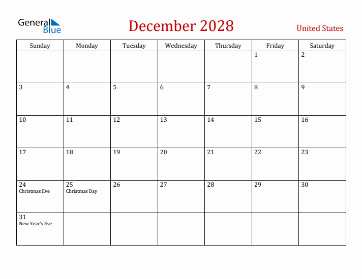 United States December 2028 Calendar - Sunday Start