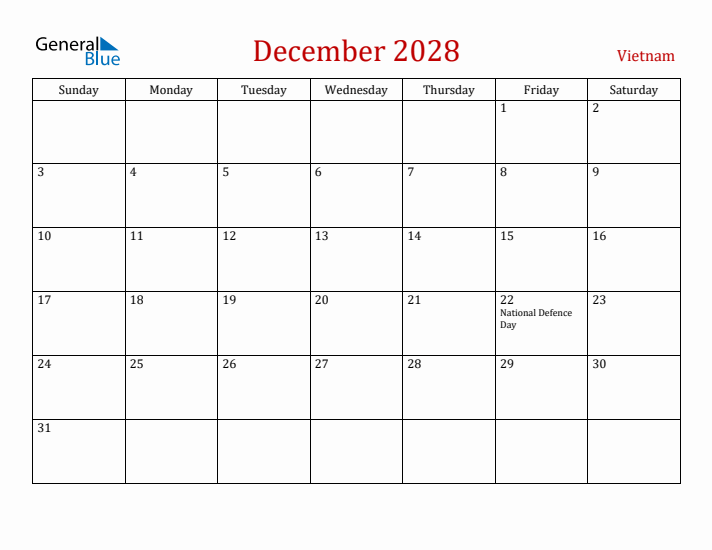 Vietnam December 2028 Calendar - Sunday Start