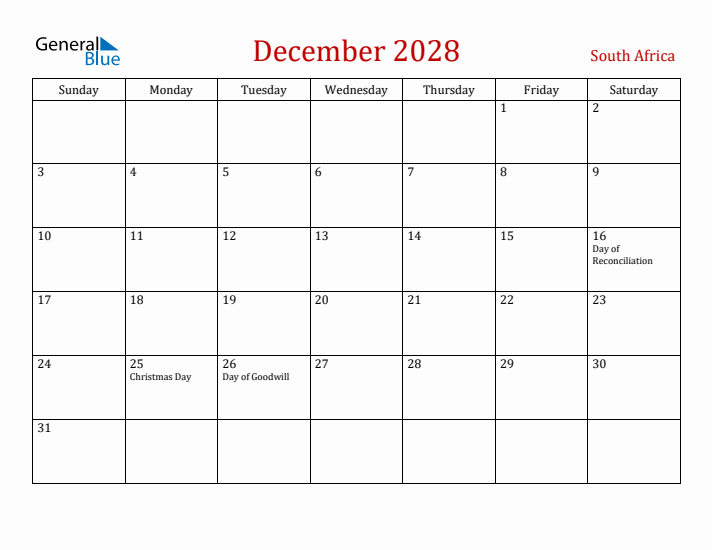 South Africa December 2028 Calendar - Sunday Start