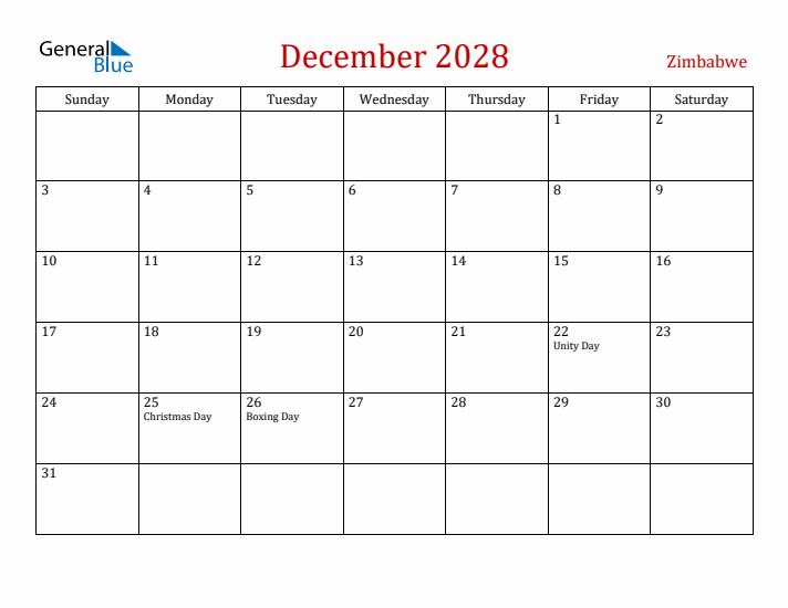 Zimbabwe December 2028 Calendar - Sunday Start