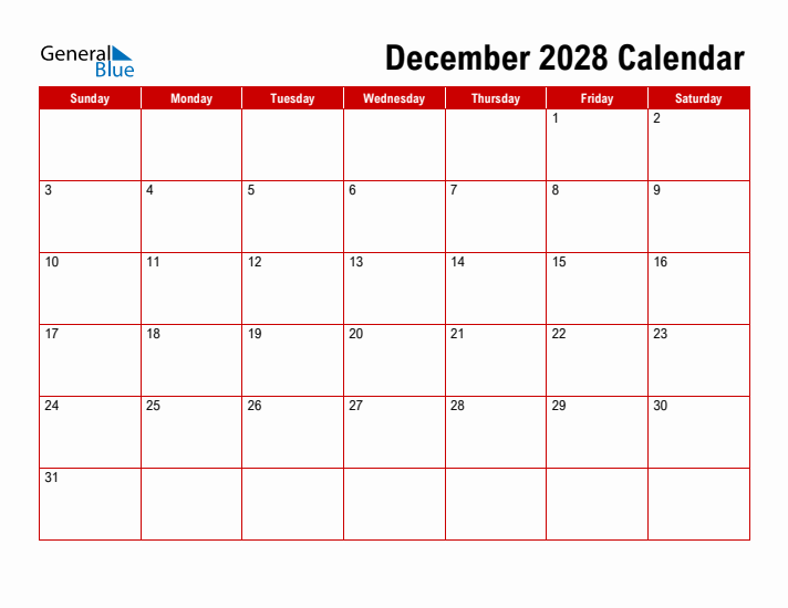 Simple Monthly Calendar - December 2028