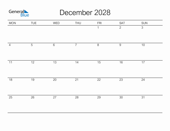 Printable December 2028 Calendar - Monday Start