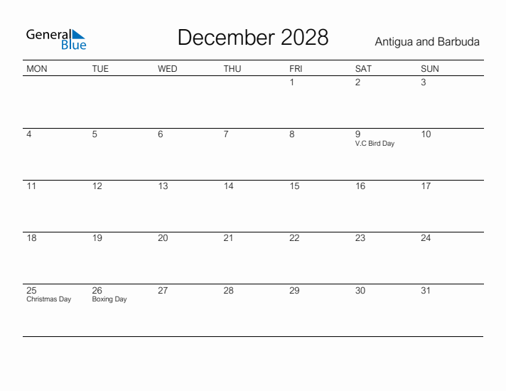 Printable December 2028 Calendar for Antigua and Barbuda