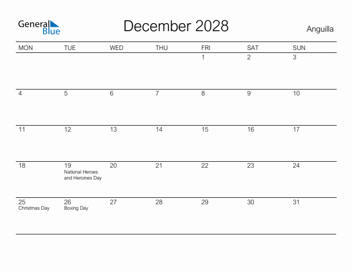 Printable December 2028 Calendar for Anguilla