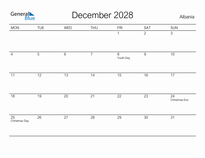Printable December 2028 Calendar for Albania