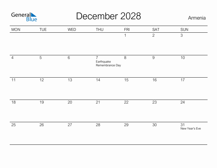Printable December 2028 Calendar for Armenia
