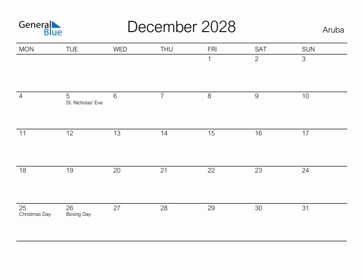 Printable December 2028 Calendar for Aruba