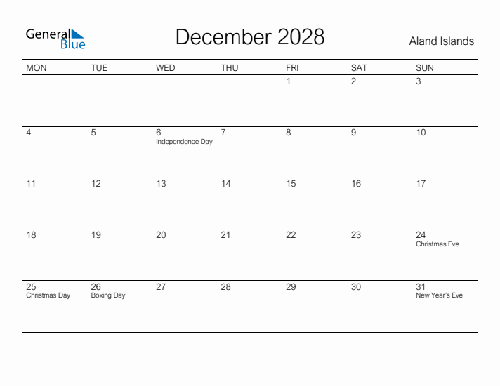 Printable December 2028 Calendar for Aland Islands