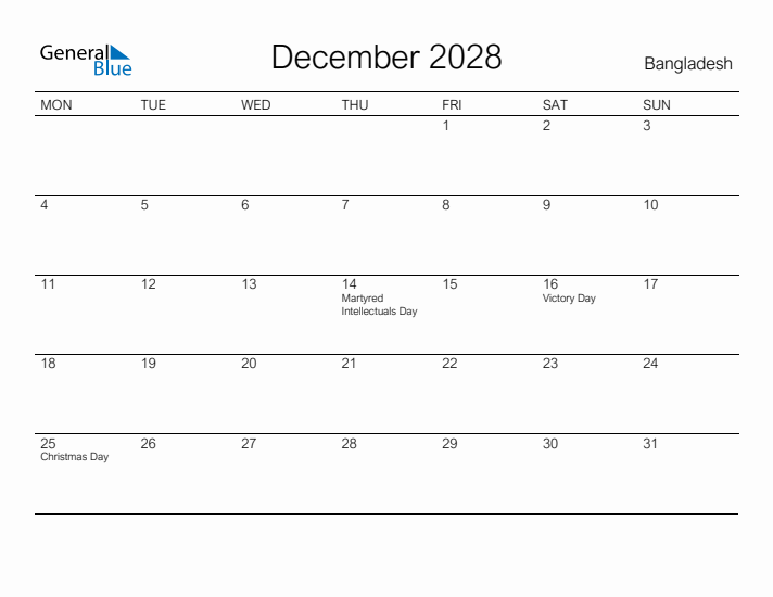 Printable December 2028 Calendar for Bangladesh