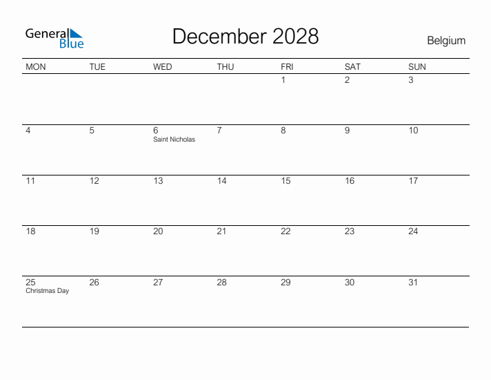 Printable December 2028 Calendar for Belgium